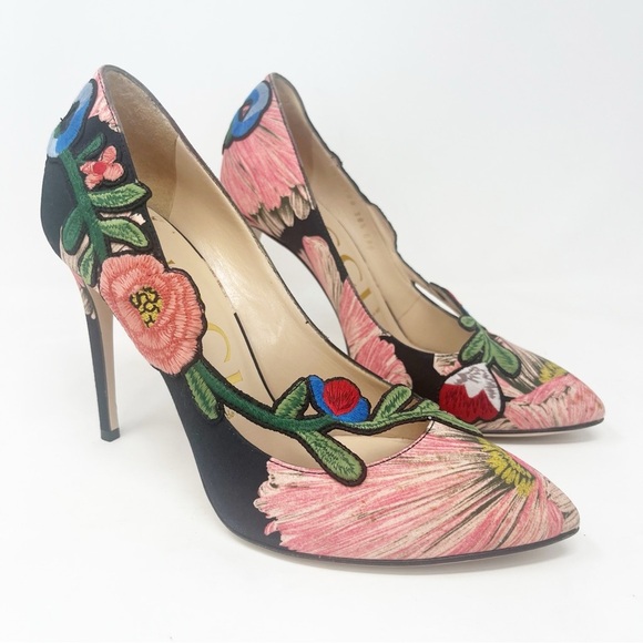 Gucci Shoes - Gucci Ophelia Floral Embroidered Printed Satin Pumps